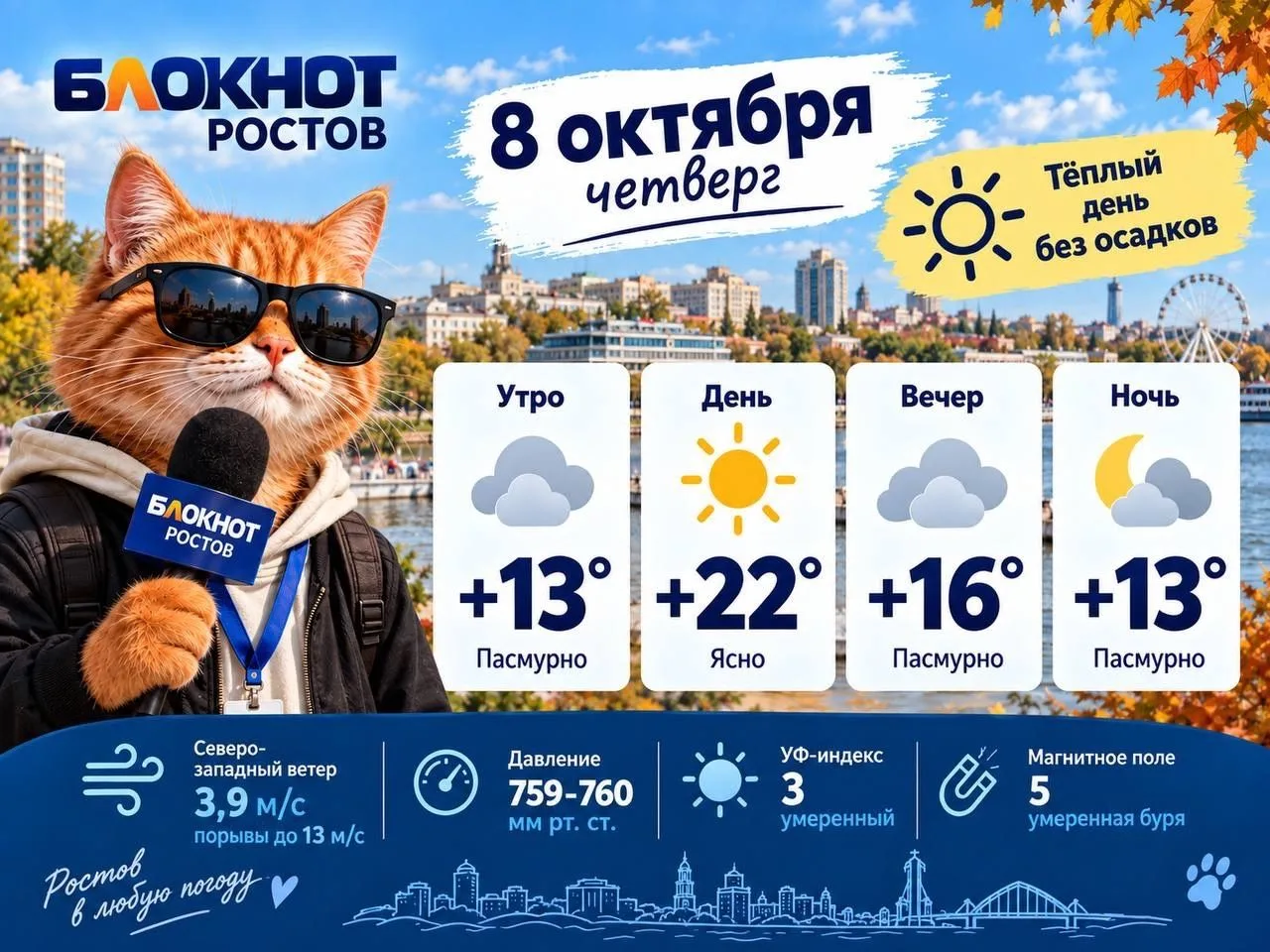 🍂В Ростове 8 октября ожидается до +22 градусов
