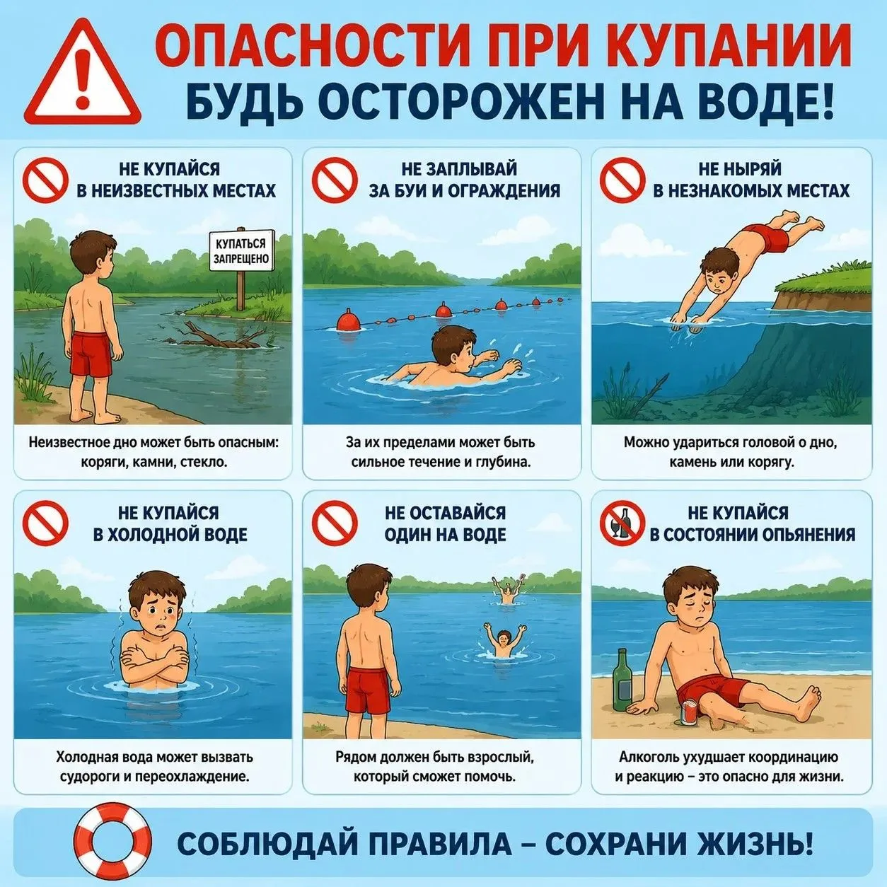 🌊 ВОДА — ИСТОЧНИК РАДОСТИ, А НЕ ОПАСНОСТИ! ПАМЯТКА ДЛЯ КУПАЛЬЩИКОВ
Лето ☀️ в самом разгаре, а значи
