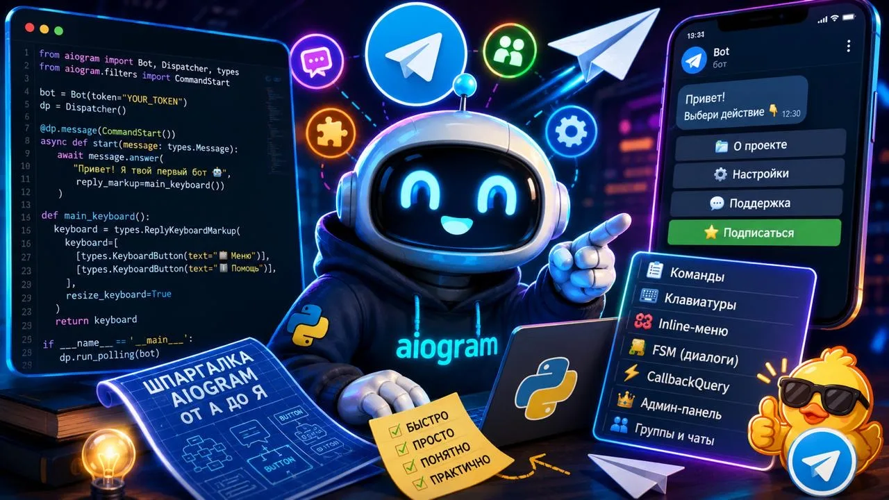 👨‍💻 Хочешь сделать своего Telegram-бота, но не знаешь с чего начать?

Лови шпаргалку по Aiogram на