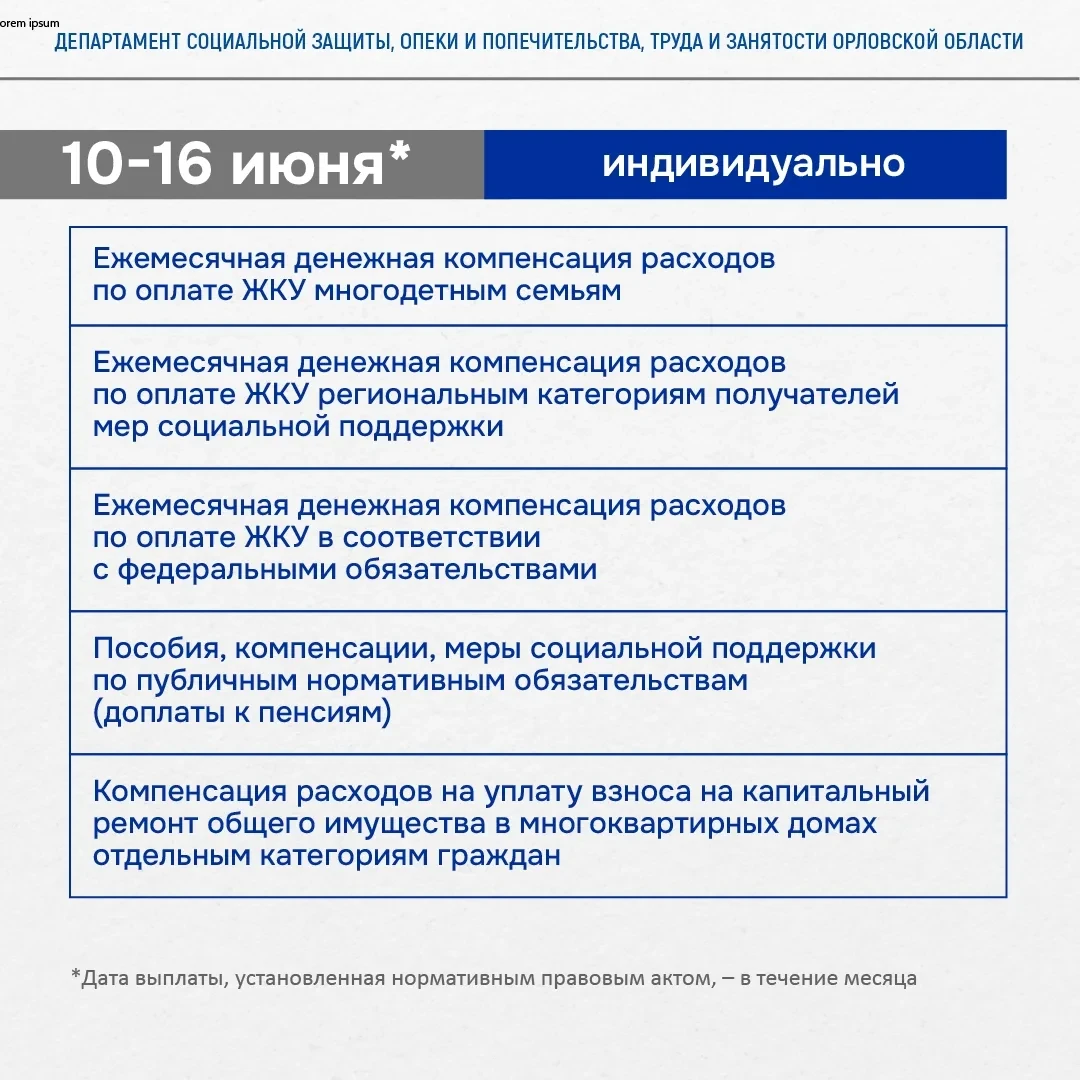 👛График выплат для орловчан на июнь   С 4 по 9 июня будут производиться выплаты с фиксированной сумм