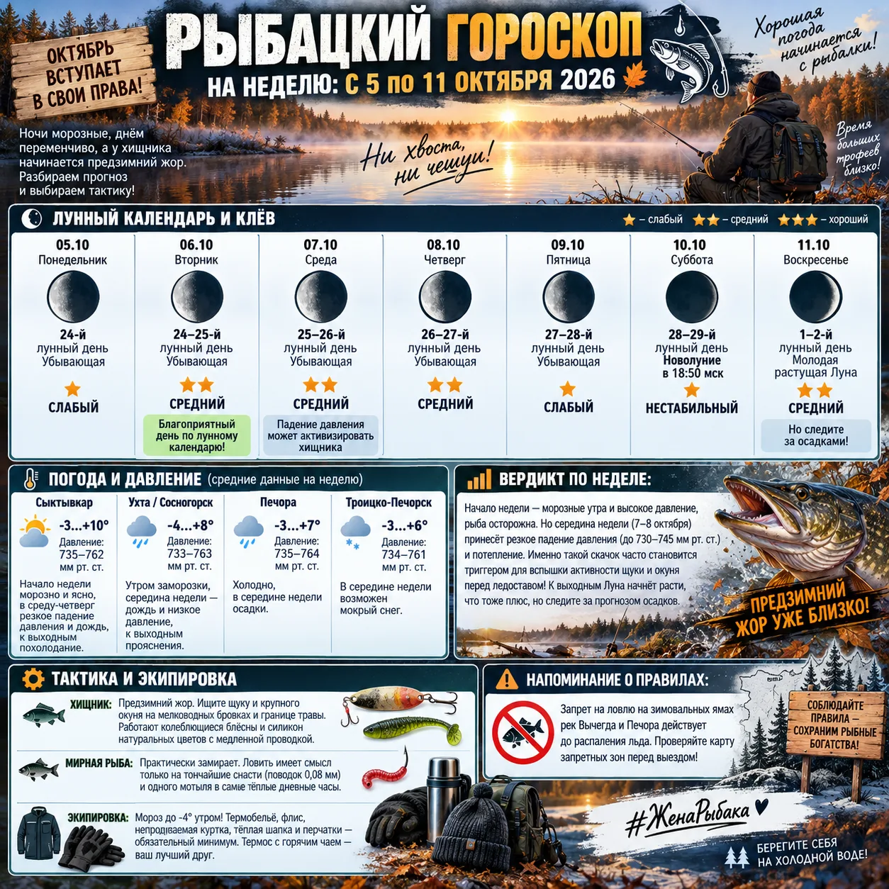 РЫБАЦКИЙ ГОРОСКОП НА НЕДЕЛЮ: С 5 ПО 11 ОКТЯБРЯ 2026 🍂