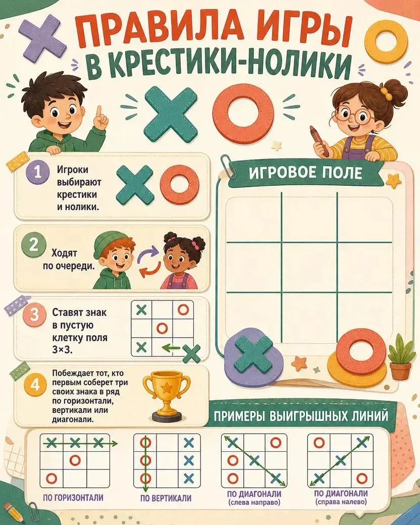 Крестики-нолики для занятий и перемен ✏️

Яркий и удобный материал для детей: игровые поля «Крестики
