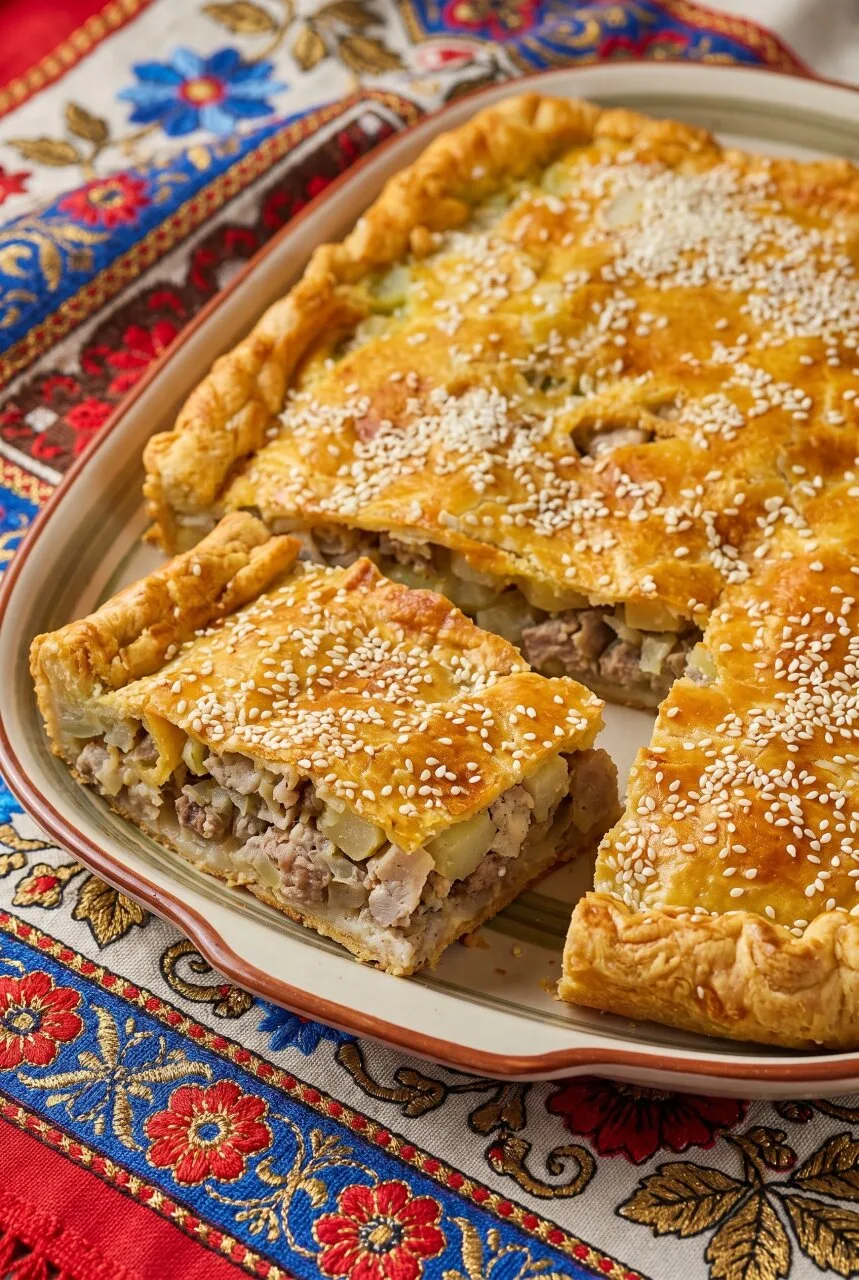 СОЧНЫЙ МЯСНОЙ ПИРОГ С КАРТОФЕЛЕМ И ЛУКОМ НА БЫСТРОМ СЛОИСТОМ ТЕСТЕ БЕЗ ДРОЖЖЕЙ