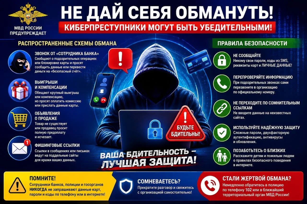 Сотрудники полиции предупреждают:
❗ «Осторожно: кибермошенники!»
Злоумышленники звонят и пишут от им