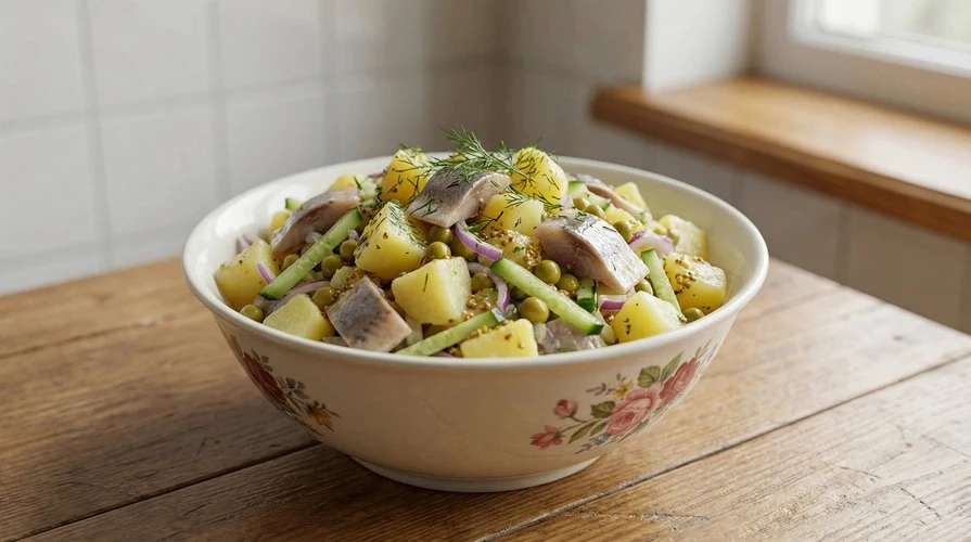Салат с селедочкой и картошечкой — Классическое сочетание солёной сельди, картофеля и хрустящих огур