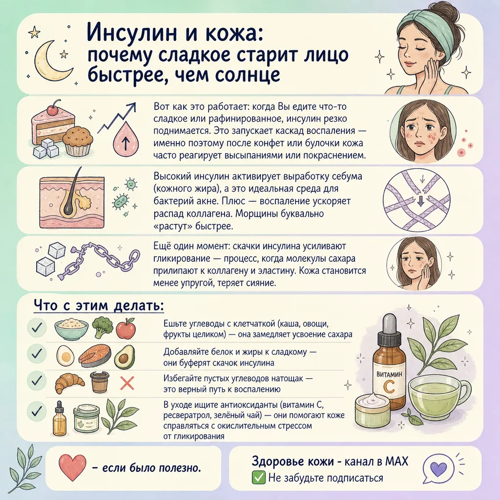 🌙 Инсулин и кожа: почему сладкое старит лицо быстрее, чем солнце