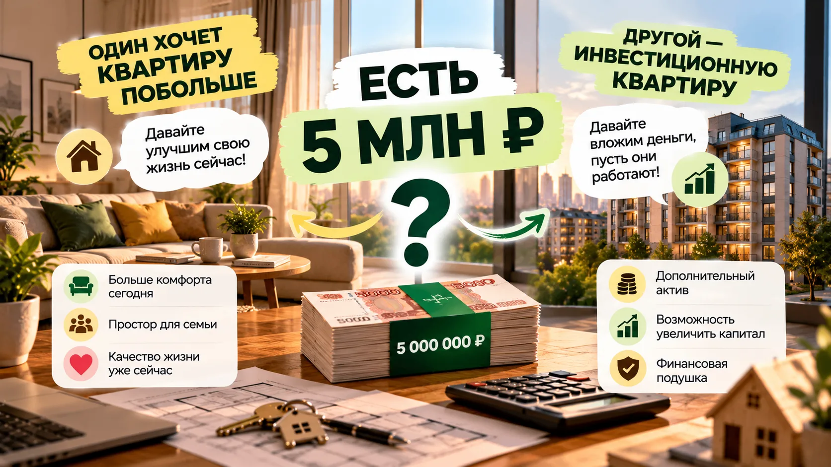 👨‍👩‍👧 Есть 5 млн ₽. Один хочет квартиру побольше. Другой — инвестиционную