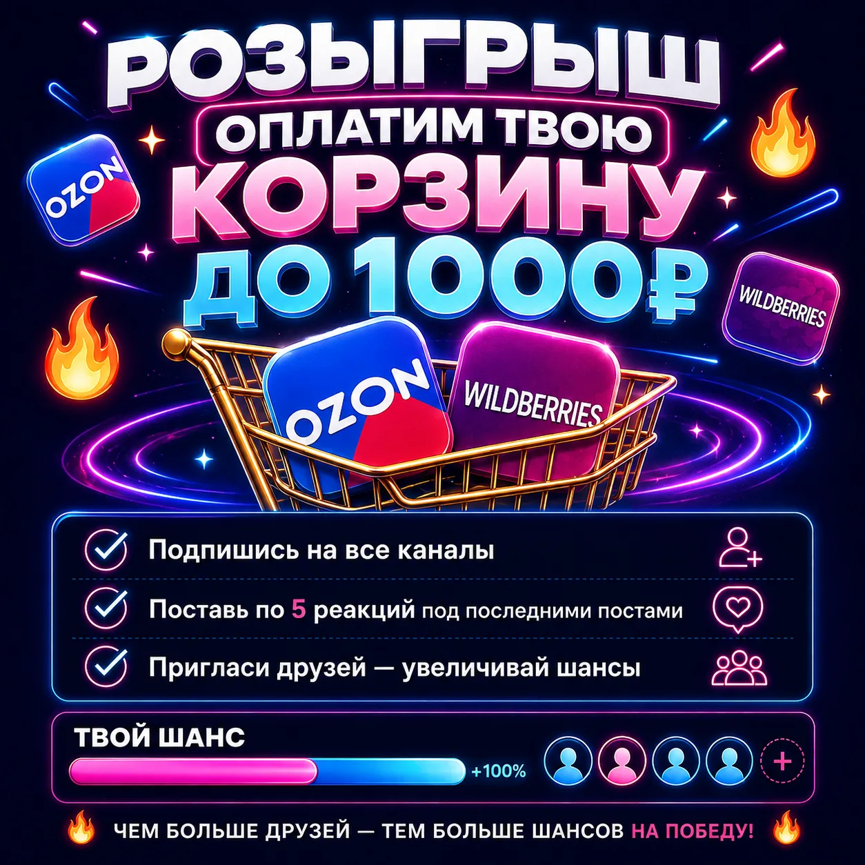 🎁 РОЗЫГРЫШ: Оплата корзины на Ozon или WB до 1000₽ 🛍️