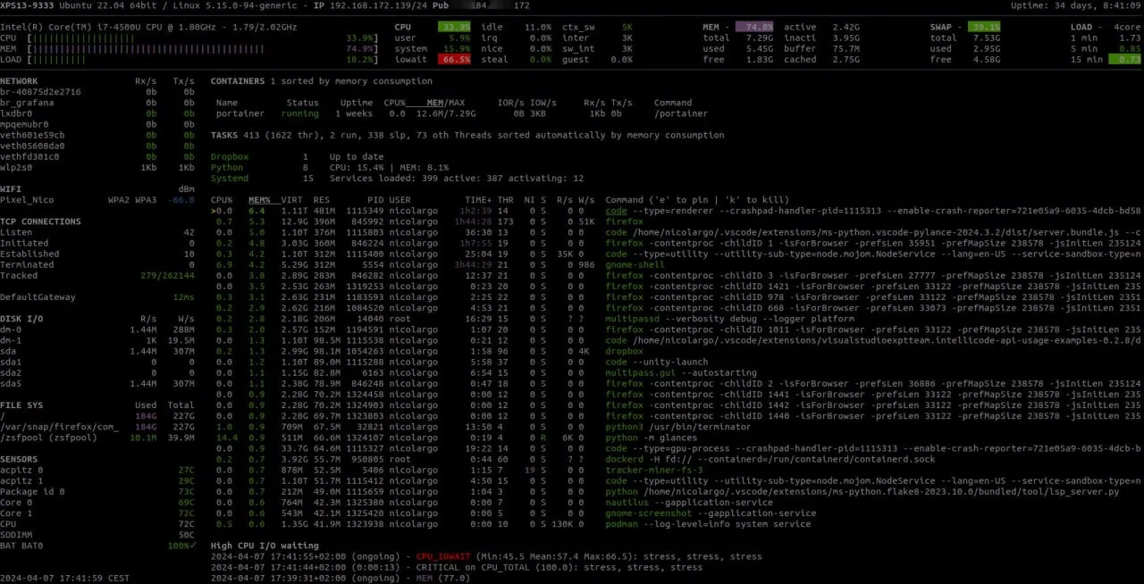 Glances — это кроссплатформенный инструмент для мониторинга систем с открытым исходным кодом. 

Он п