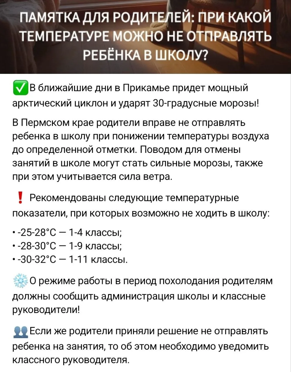 Напоминаем, что в сильные морозы родители вправе не отправлять ребенка в школу!