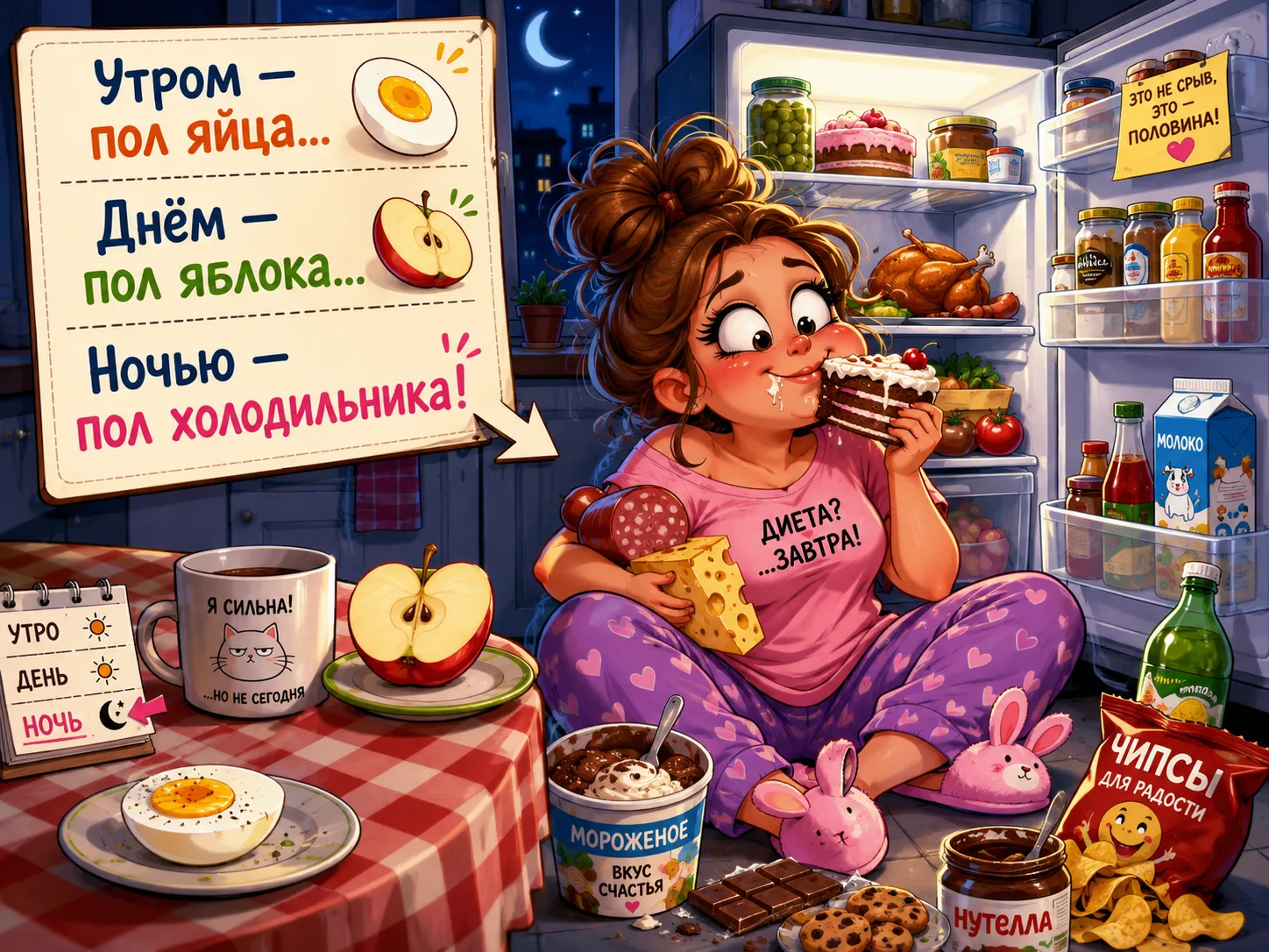 Недавно села на диету - нужно всё есть наполовину: утром пол-яйца, днём пол-яблока, ночью полхолодил