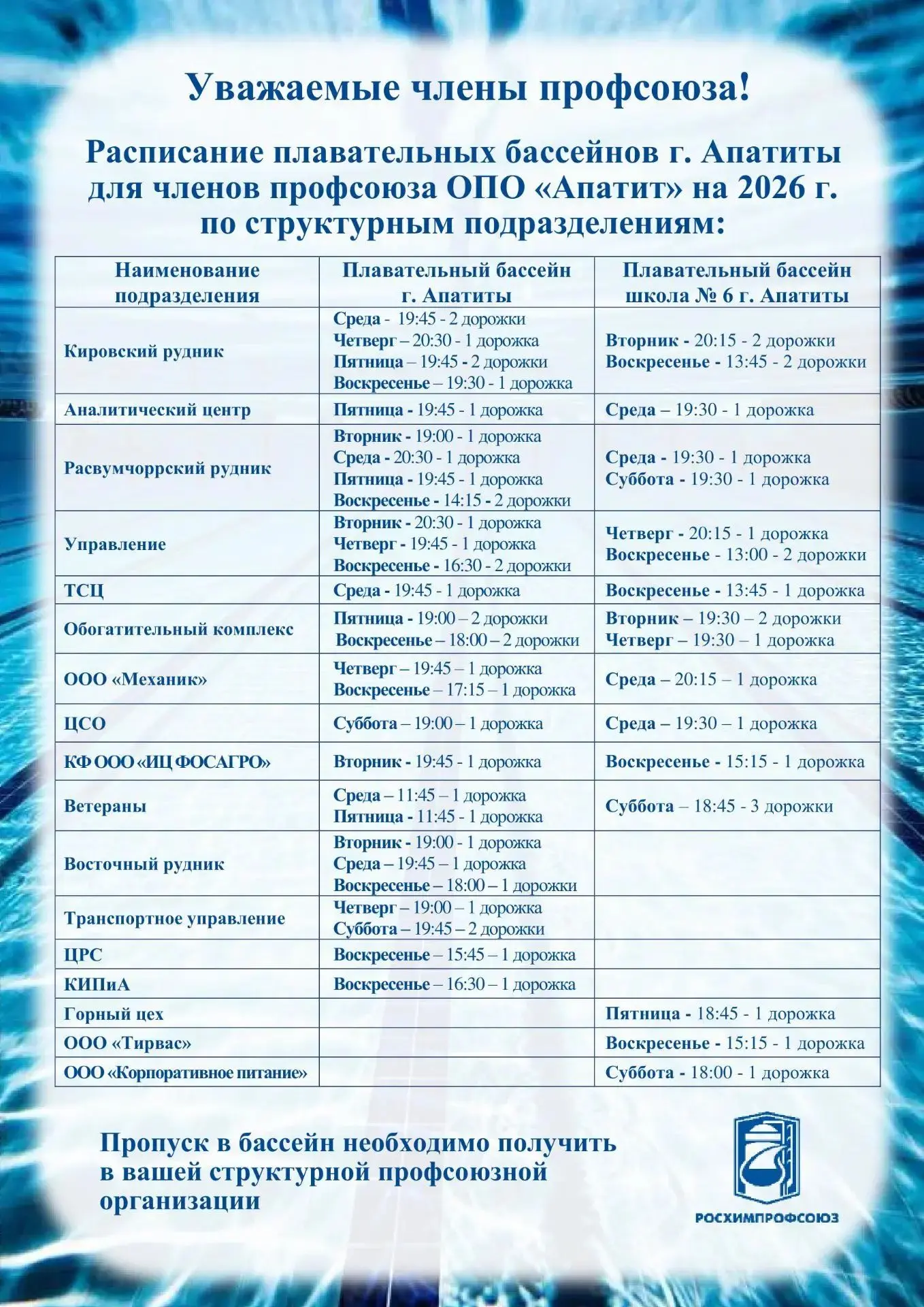 Расписание работы плавательных бассейнов города Апатиты для членов профсоюза ОПО «Апати...