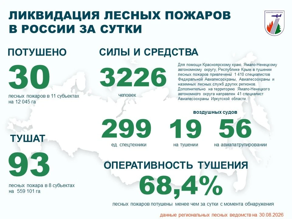 ⚡️За прошедшие сутки в России потушено 30 лесных пожаров в 11 регионах.