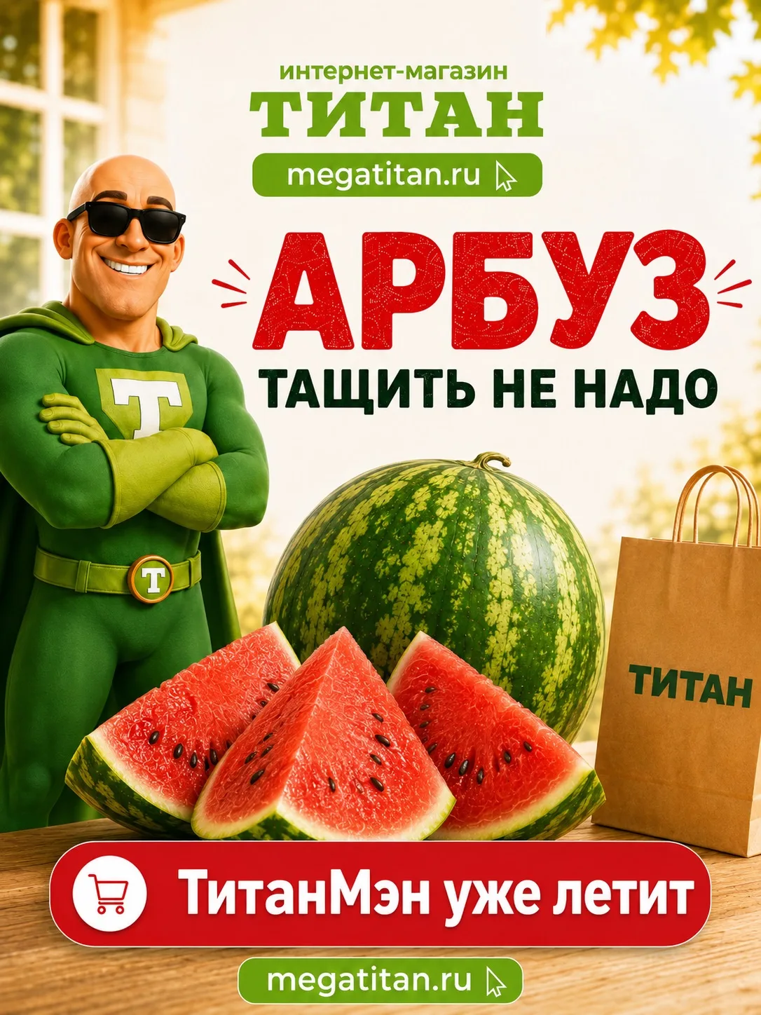 🍉 Арбуз хочется, а тащить его — нет?

Не проблема! Заказывайте в доставке «Титан», а остальное сдел