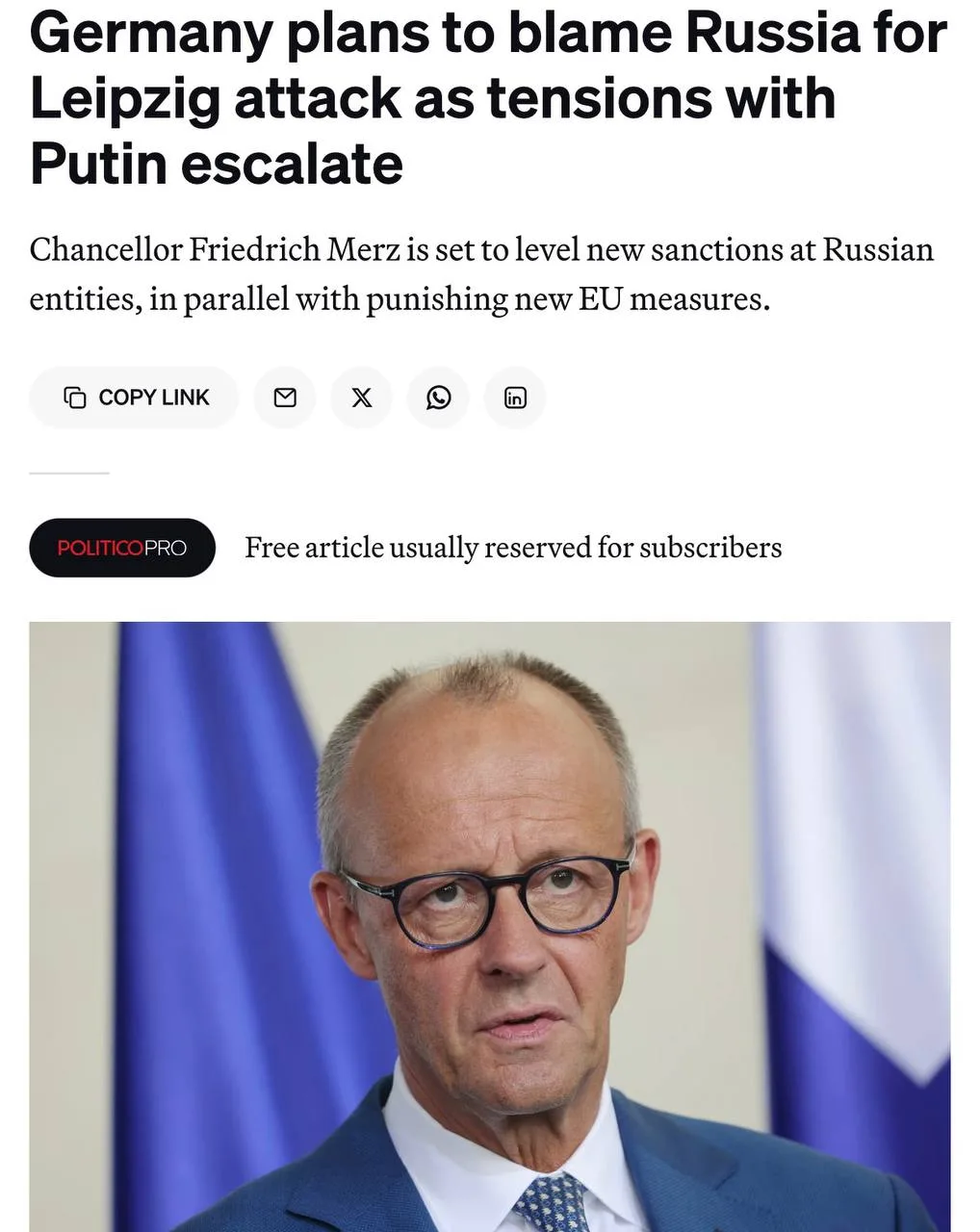 ⚡️ Мерц готовится обвинить Россию в атаке дронов на Лейпциг, — Politico.