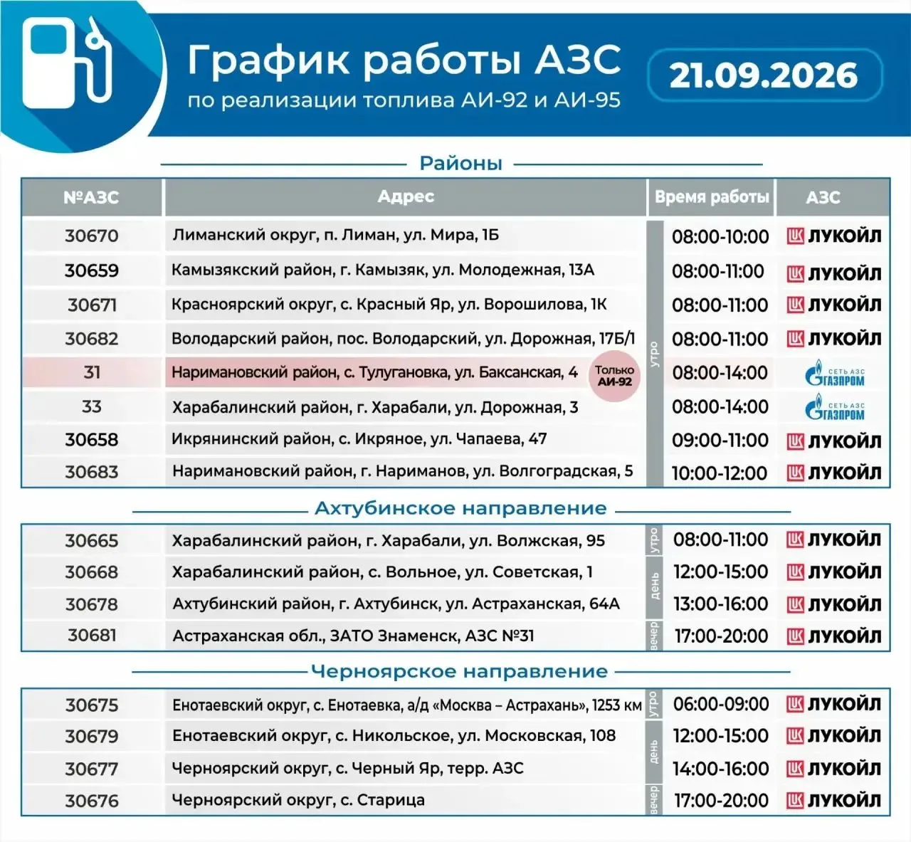 ⛽ Актуальный график работы АЗС на 21 сентября