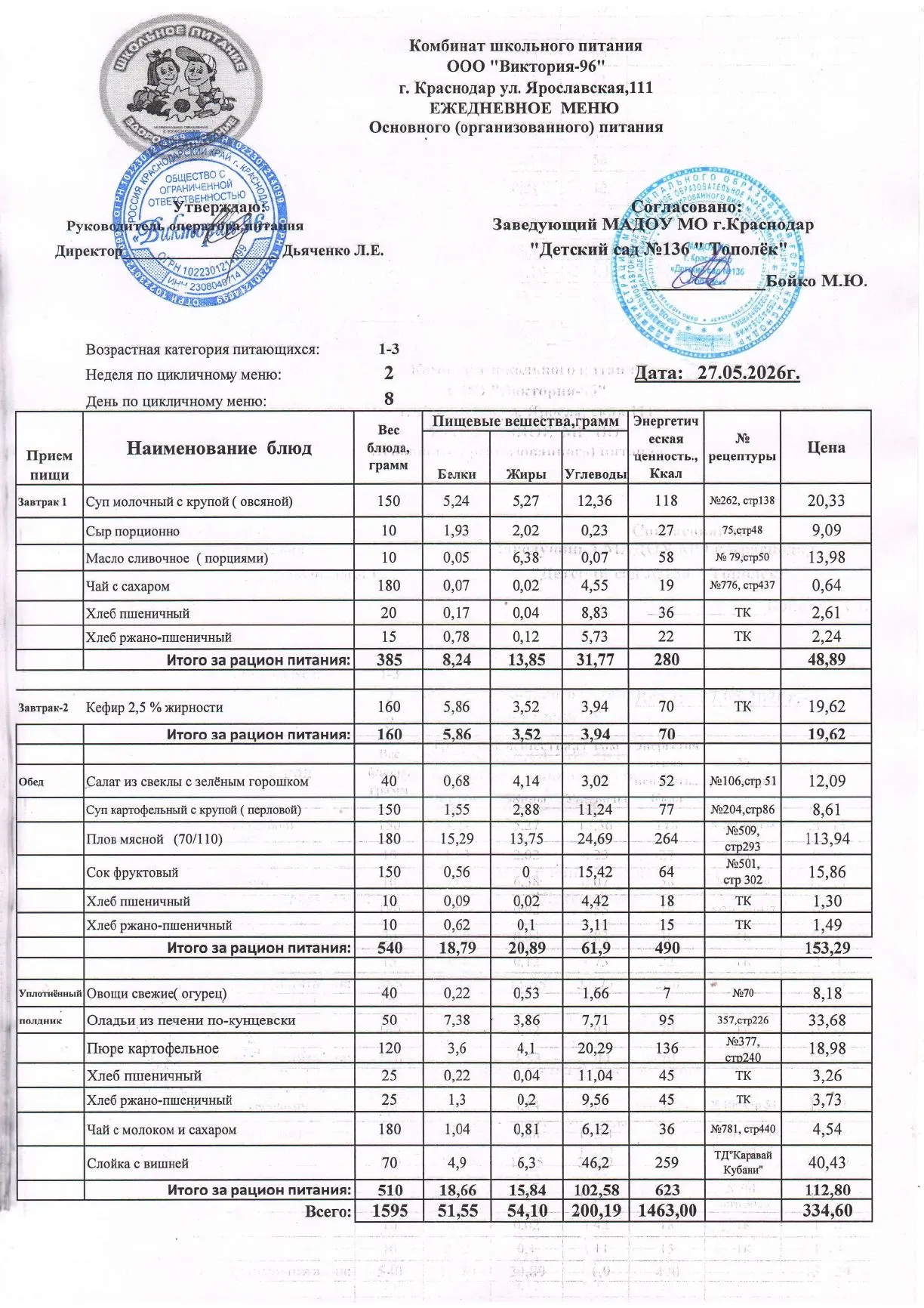 Меню на 27.05.2026 год