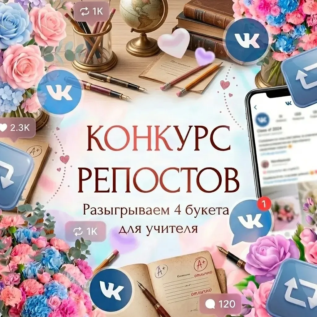 🌼 Участвуйте в конкурсе репостов от магазина «Время цветов» и выиграйте букет учителю ...