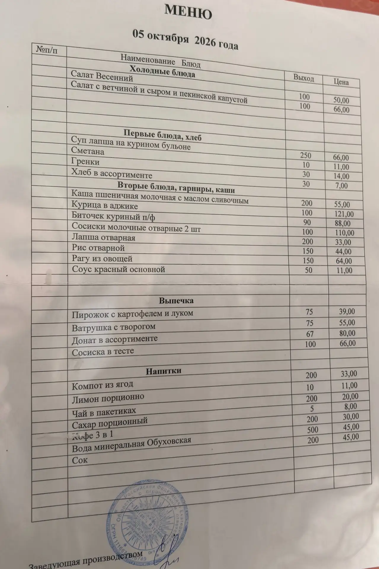 Меню на сегодня!