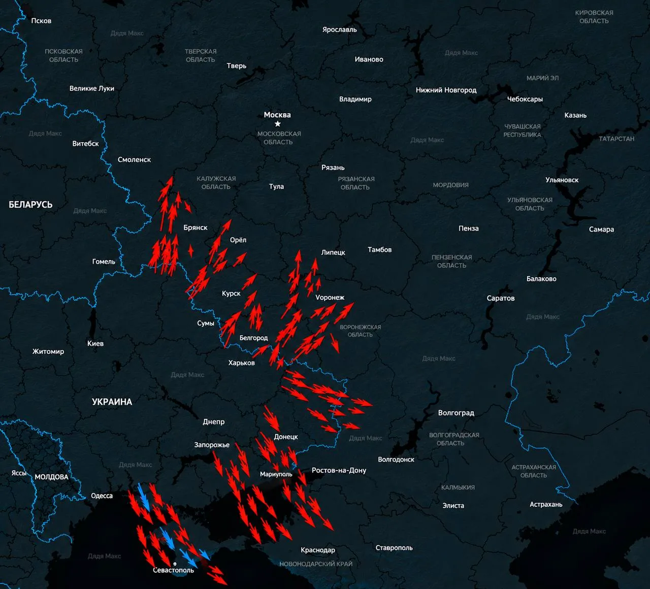 В 23:05 мониторинговые каналы противника заявили о пусках 350 🔴 ударных БПЛА и 🔵 реак...