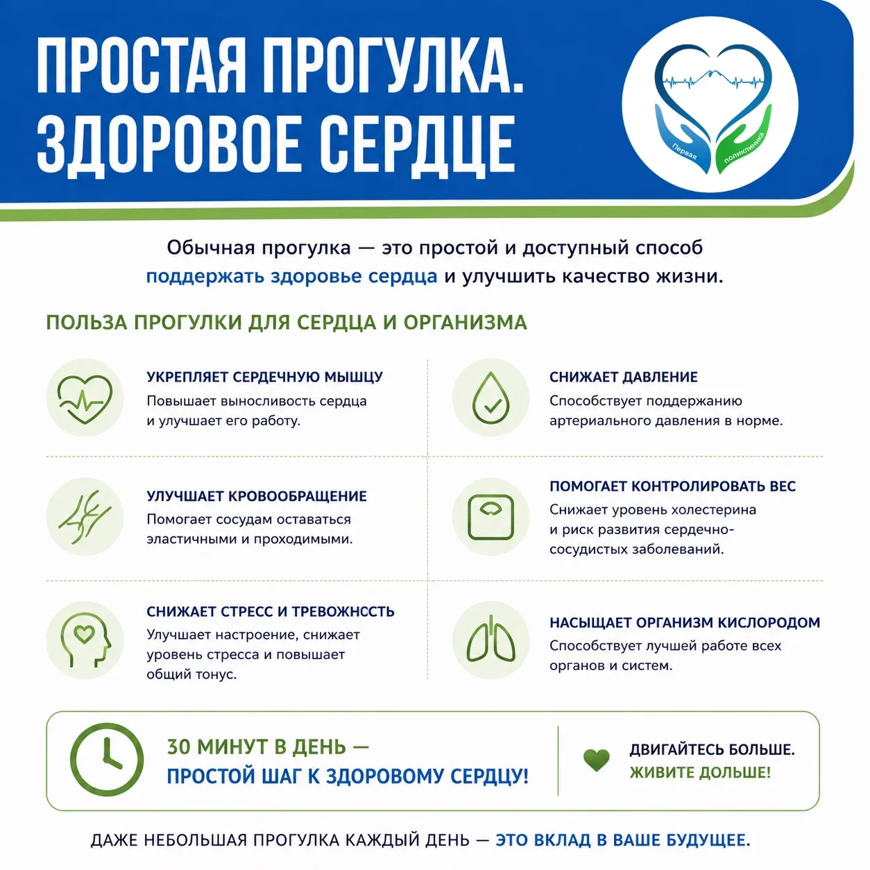 🚶‍♀️ Простая прогулка — здоровое сердце

Не обязательно начинать с интенсивных тренировок, чтобы за