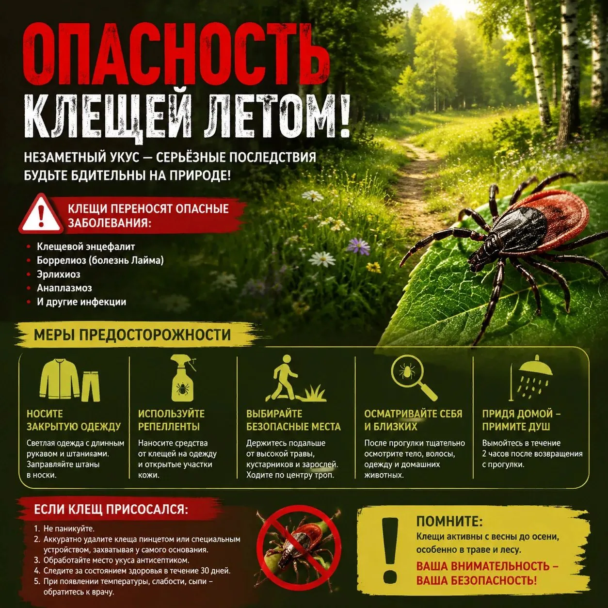 Лето — время прогулок, но не забывайте о безопасности.
Клещи активны в парках, лесах и даже на дачны