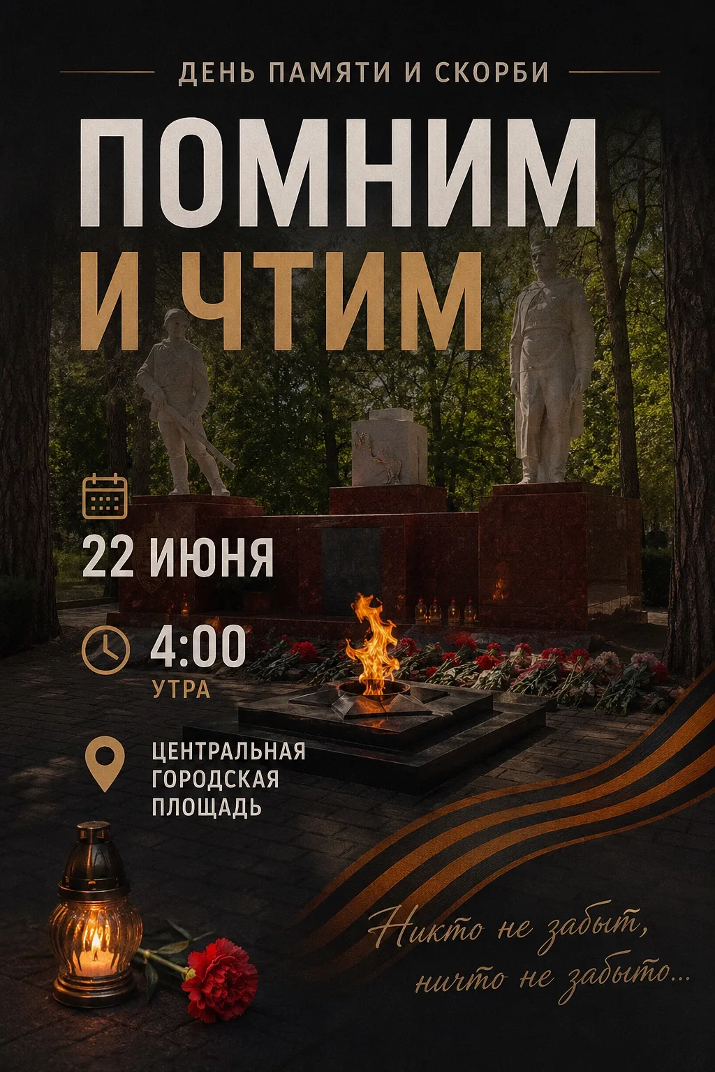 ДЕНЬ ПАМЯТИ И СКОРБИ
22 июня • 04:00
Памятное мероприятие
📍 Сбор участников на Центральной городско