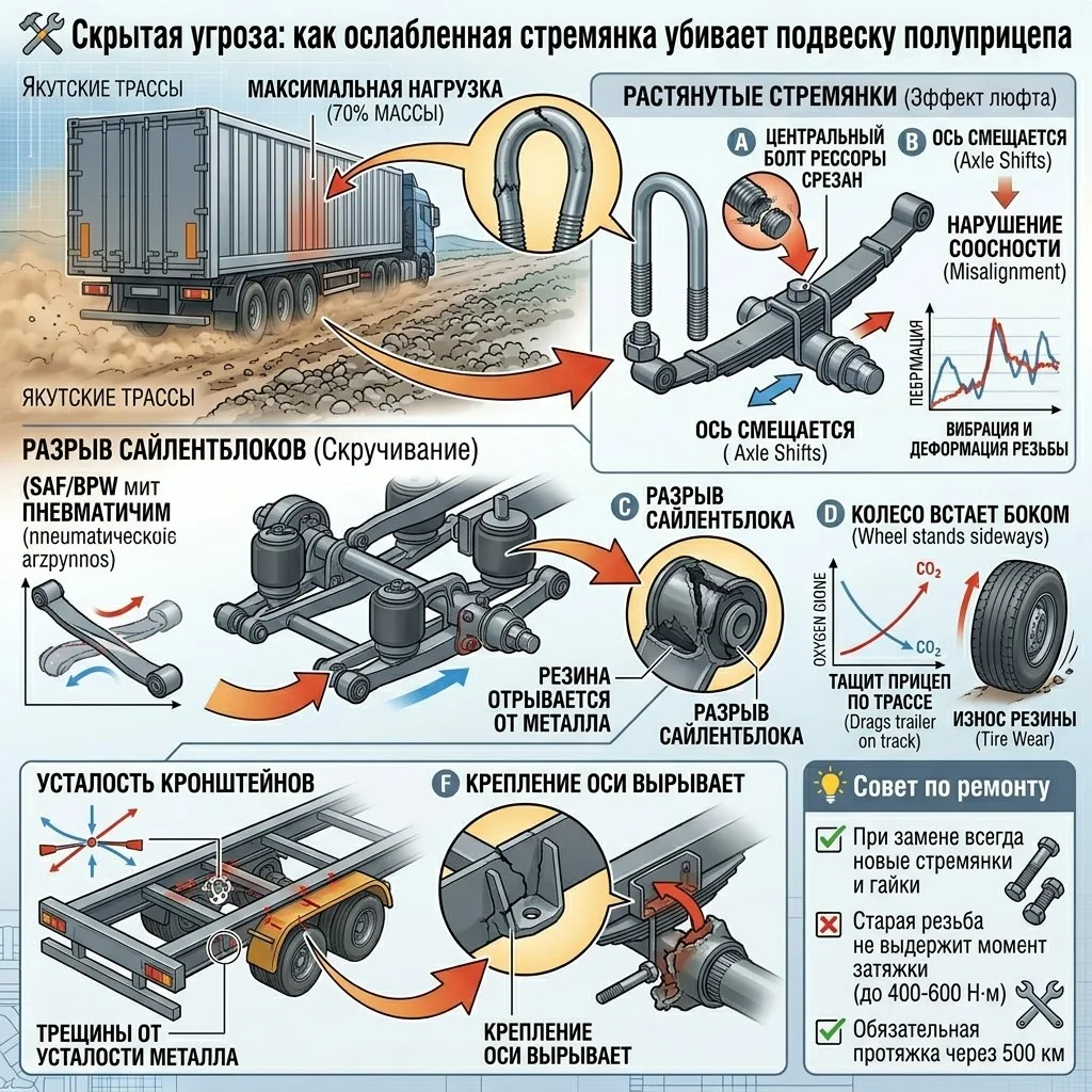 🛠 Скрытая угроза: как ослабленная стремянка убивает подвеску полуприцепа 🚚

Подвеска прицепа на як