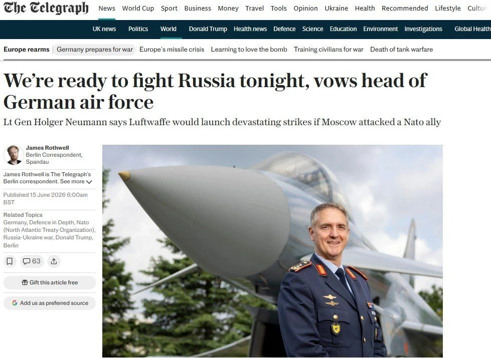 The Telegraph: Мы готовы вступить в бой с Россией сегодня же

Газета цитирует бравого генерал-лейтен