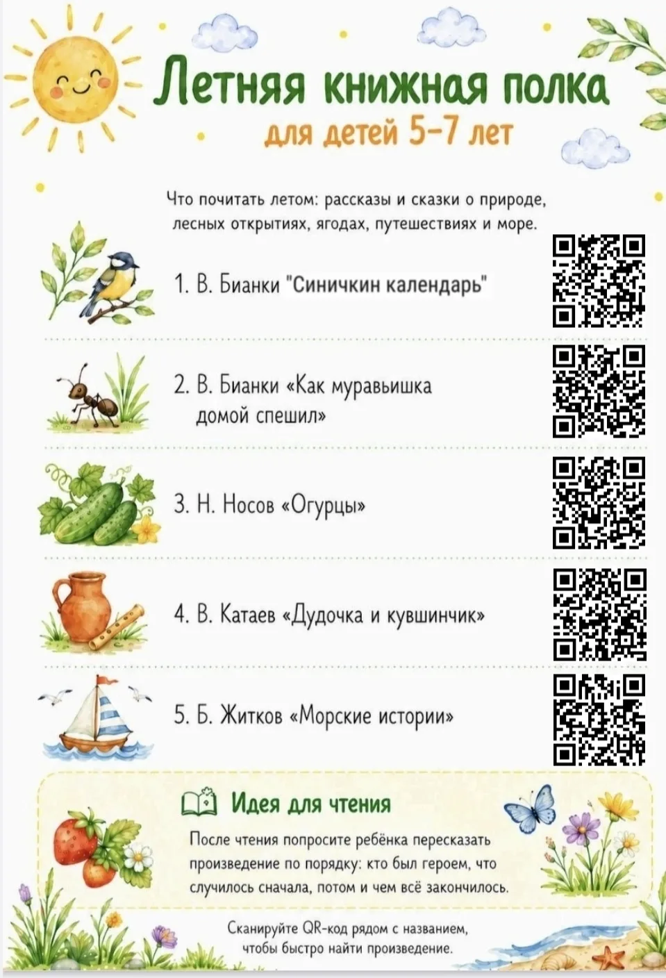Здравствуйте, уважаемые родители!
☀️ Лето - прекрасное время для семейного чтения! Даже 10–15 минут 