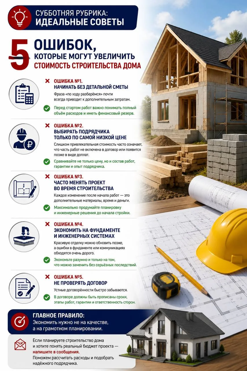 💡 Субботняя рубрика: Идеальные советы
🏡 5 ошибок, которые могут увеличить стоимость строительства 