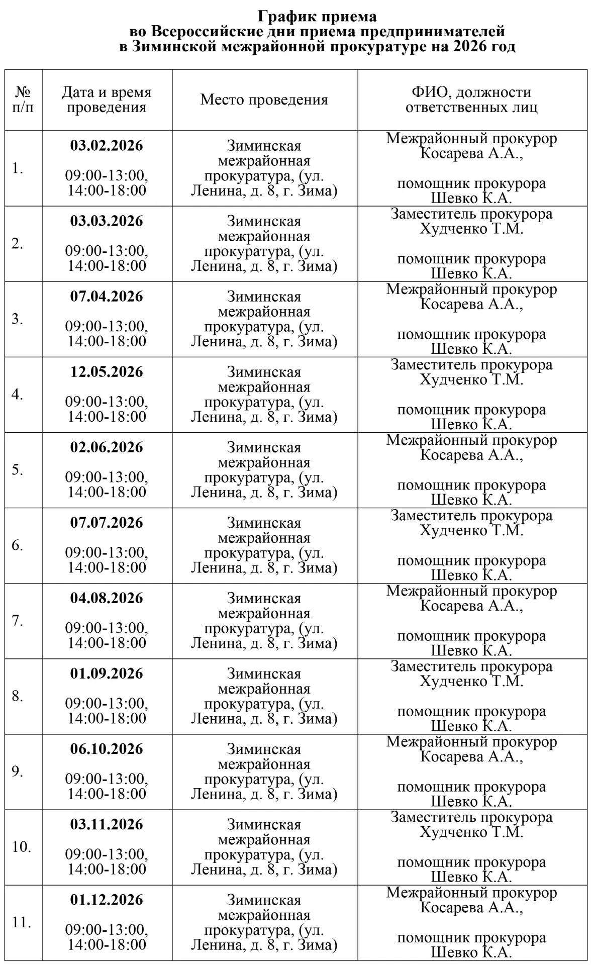 График приема во Всероссийские дни приема предпринимателей