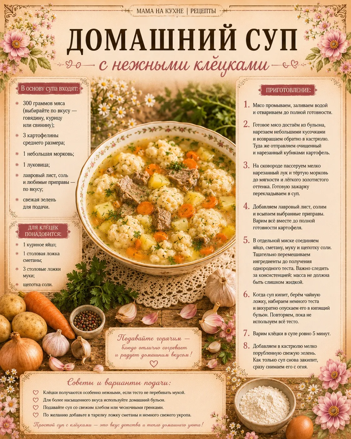 🌸 Домашний суп с нежными клёцками 🌸

#первое #обед #суп #мясо #курица #говядина #свинина #овощи

С