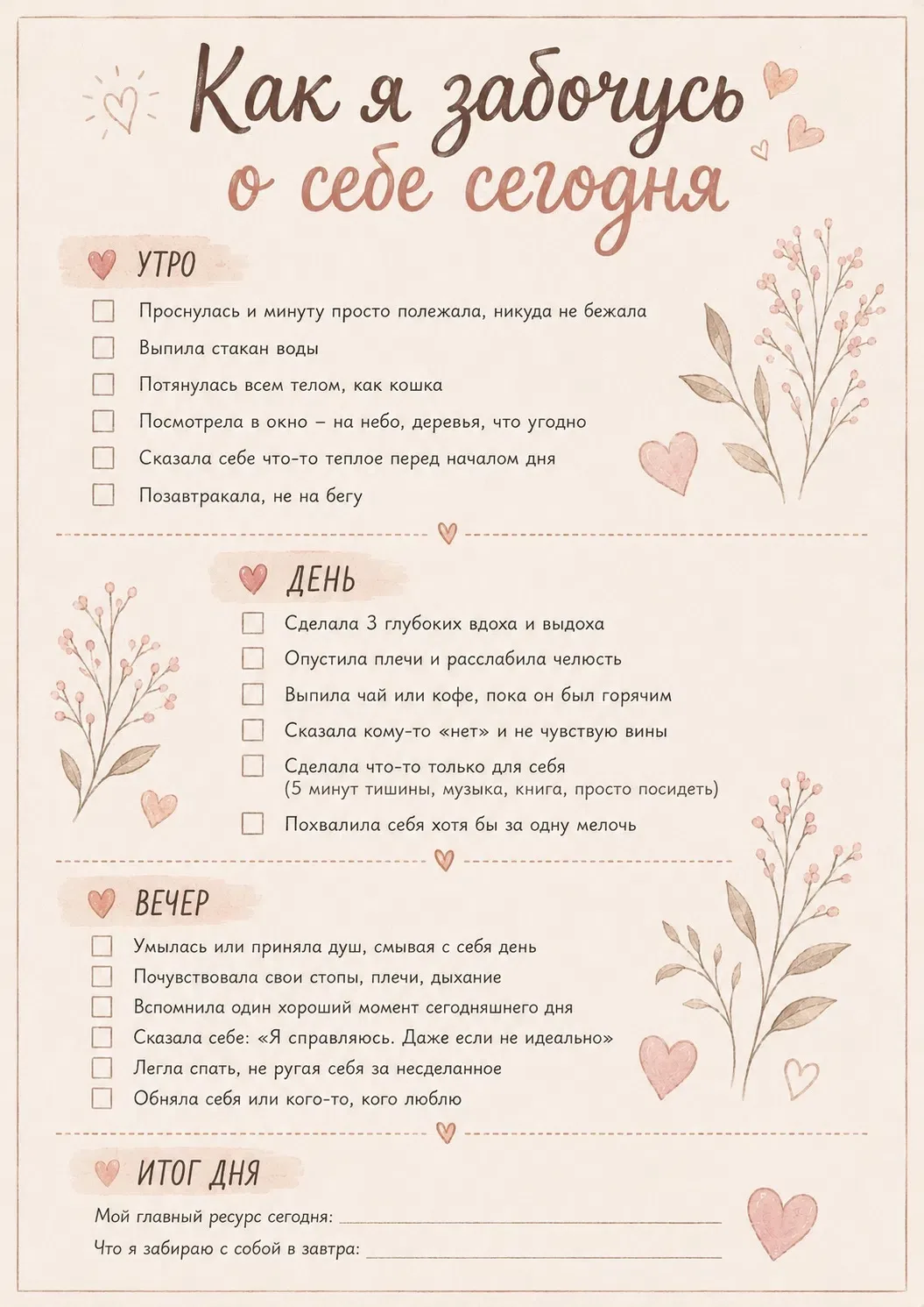 Чек-лист «Как я забочусь о себе сегодня»
Иногда кажется, что забота о себе - это что-то сложное и на