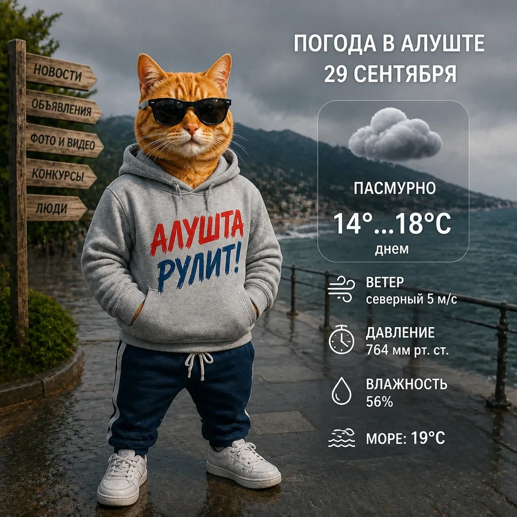 🌥 Днем в Алуште будет пасмурно.