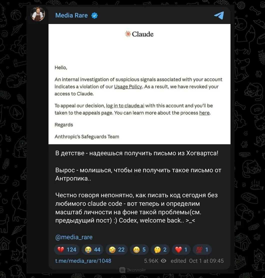 Claude опять МАССОВО банит российских кодеров  — по замес попали даже топ-менеджеры айт...