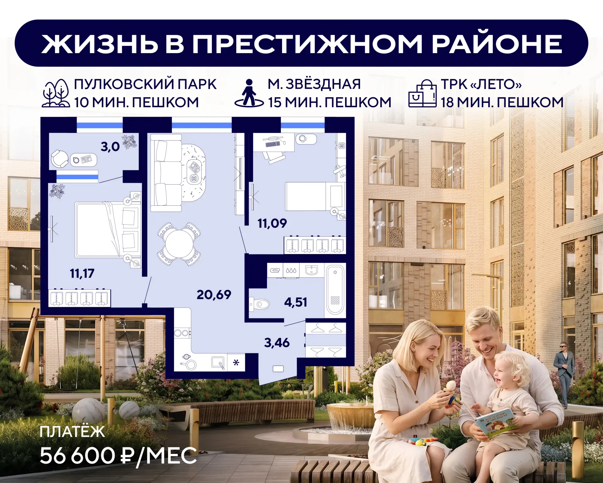 ⭐ Квартира как в пятизвёздочном отеле для семьи, только платёж всего лишь 56 600 ₽/мес   #кейс_дня  