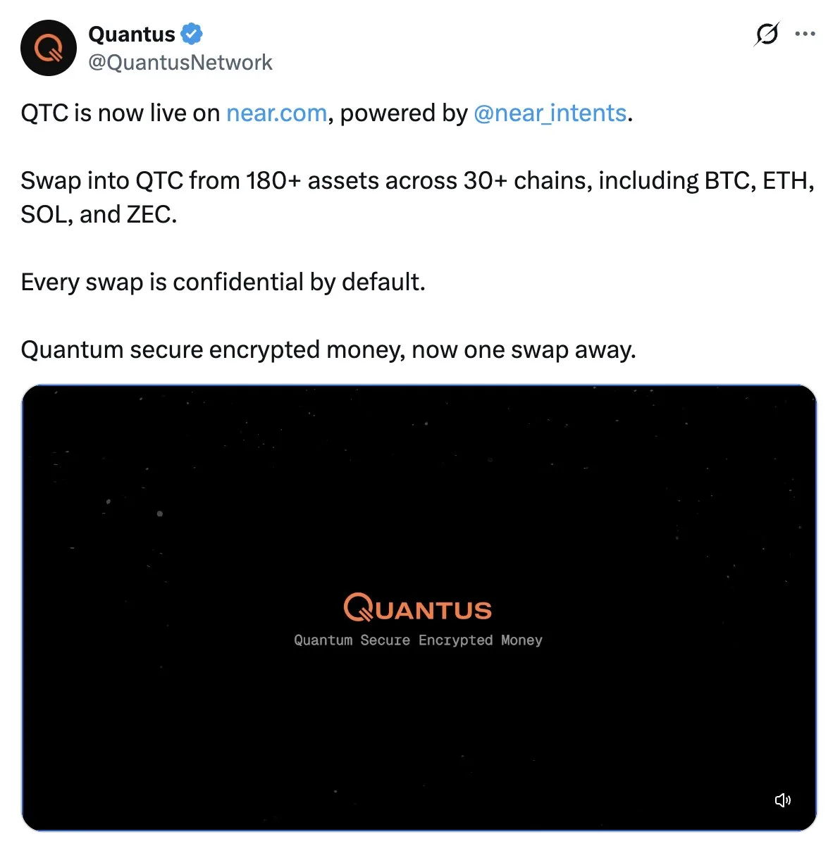 🔐 NEAR открыл доступ к токену постквантовой сети Quantus (QTC) через NEAR Intents.