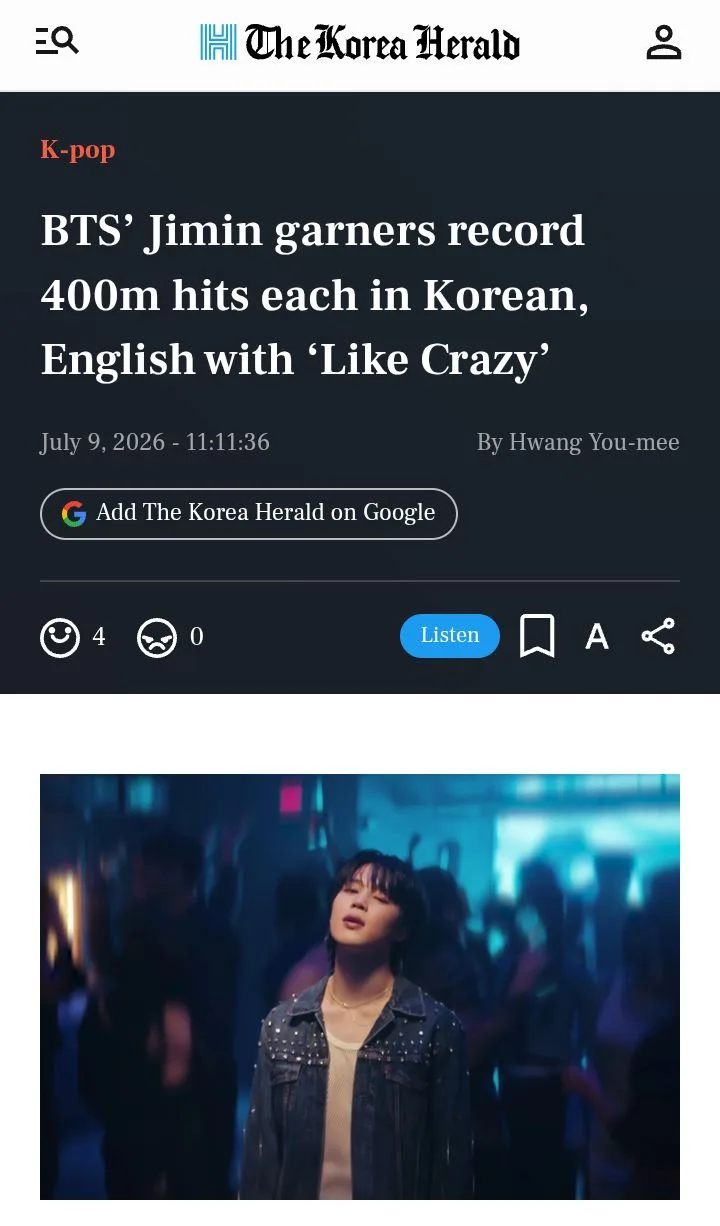 Песня "Like Crazy" Чимина из BTS набрала рекордные 400 миллионов прослушиваний на корей...