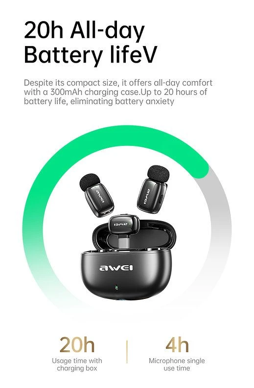 Беспроводной петличный микрофон Awei MK5 Dual Wireless Lavalier Mic, 2-in-1, Type-C, 2....