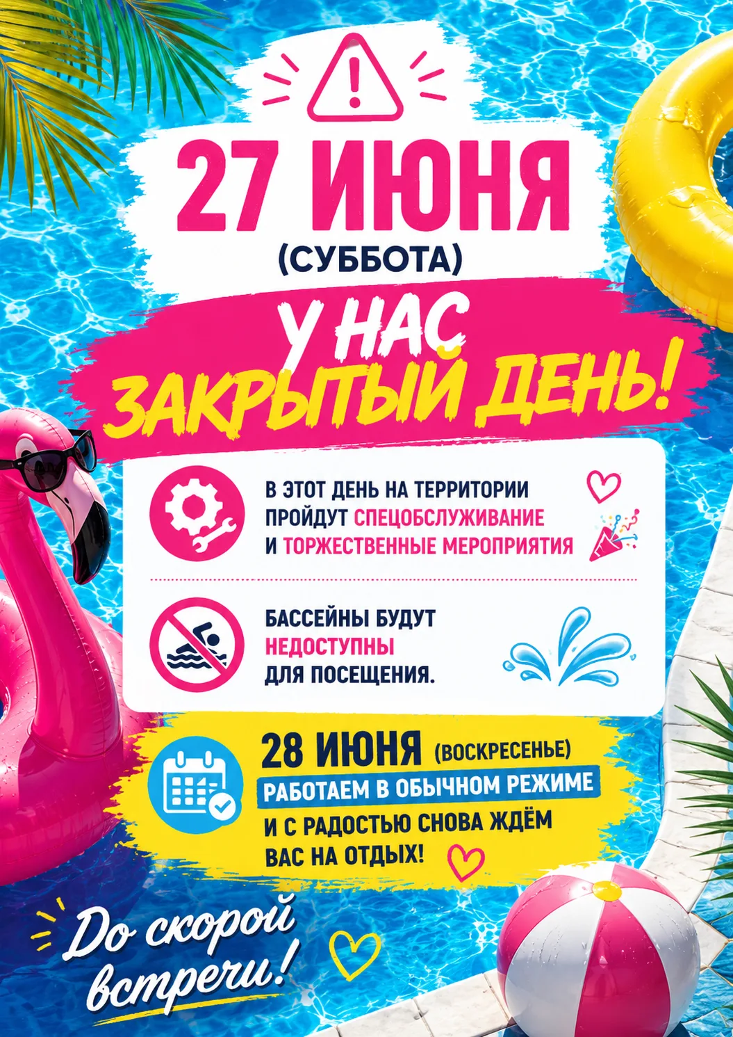 ⚠️ 27 июня (суббота) у нас закрытый день!

В этот день на территории пройдут спецобслуживание и торж
