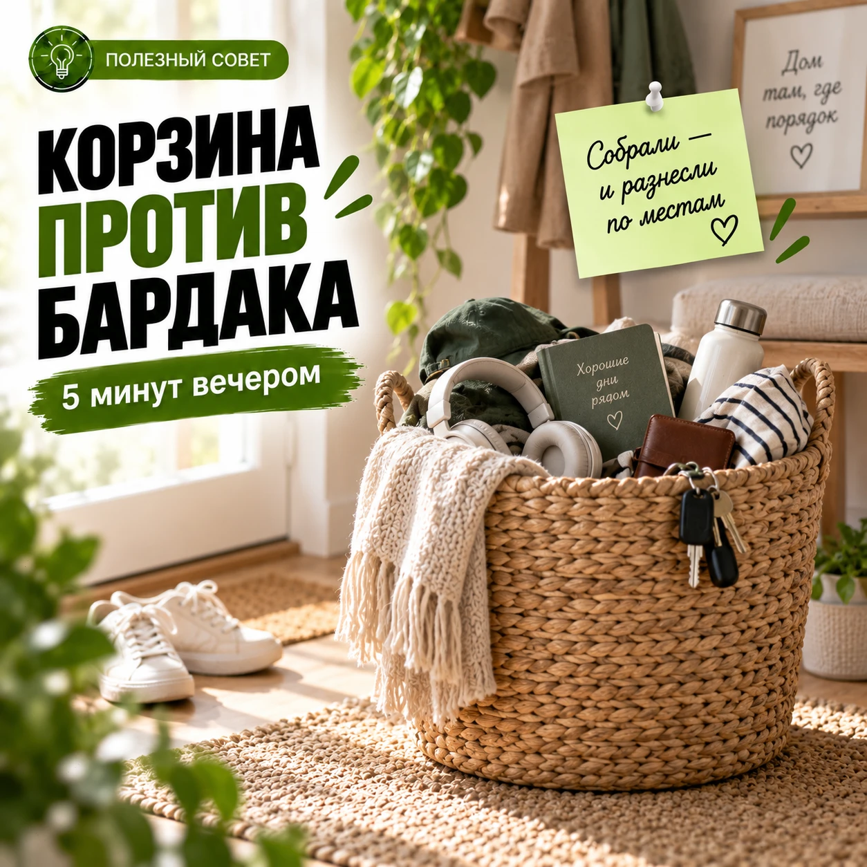 Поставьте корзину туда, где обычно копится беспорядок 🧺