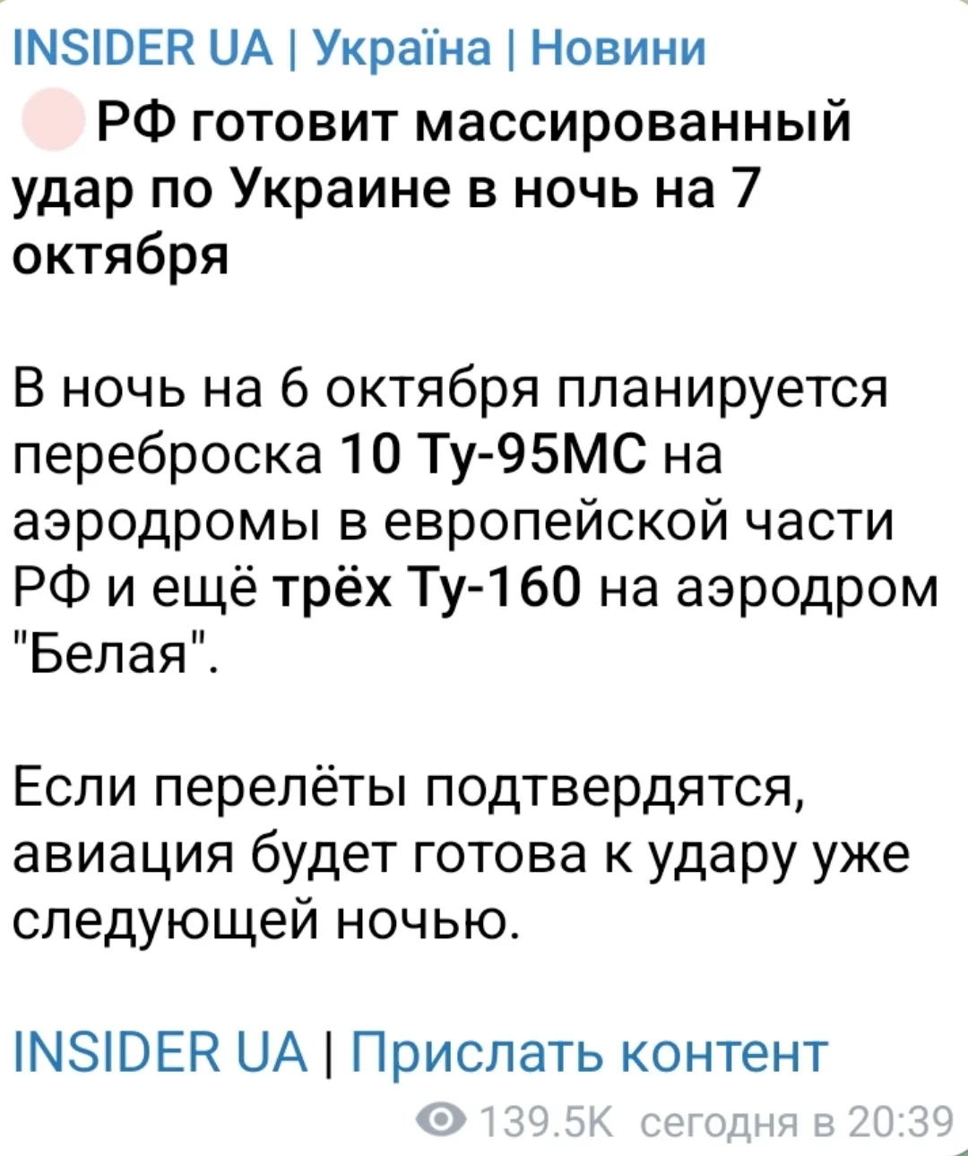 🚀 🇺🇦 🇷🇺 Россия может 7 октября нанести масштабный ракетно-дроновый удар по Киеву и...
