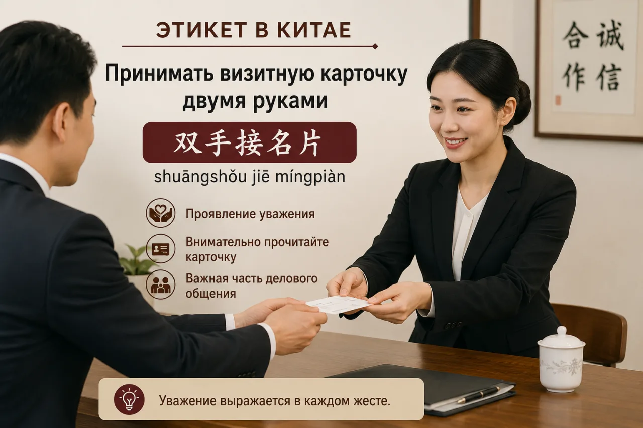 Этикет: принимать визитную карточку двумя руками — 双手接名片 (shuāngshǒu jiē míngpiàn)