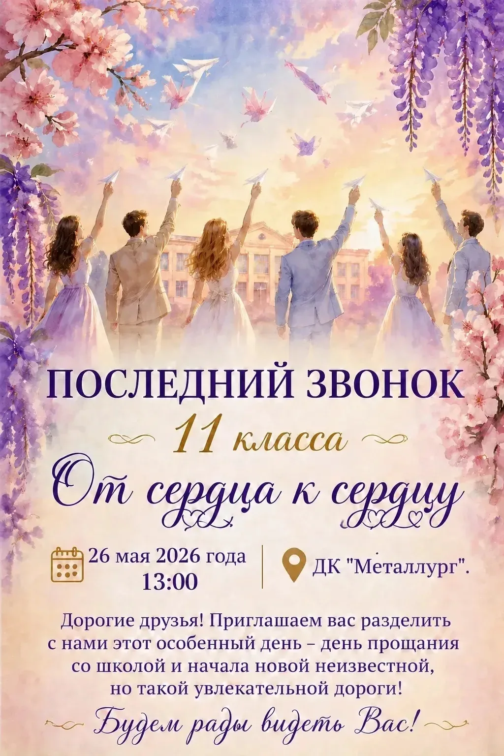 🔔 Приглашаем на последний звонок!

Совсем скоро прозвенит тот самый, долгожданный и немного грустны