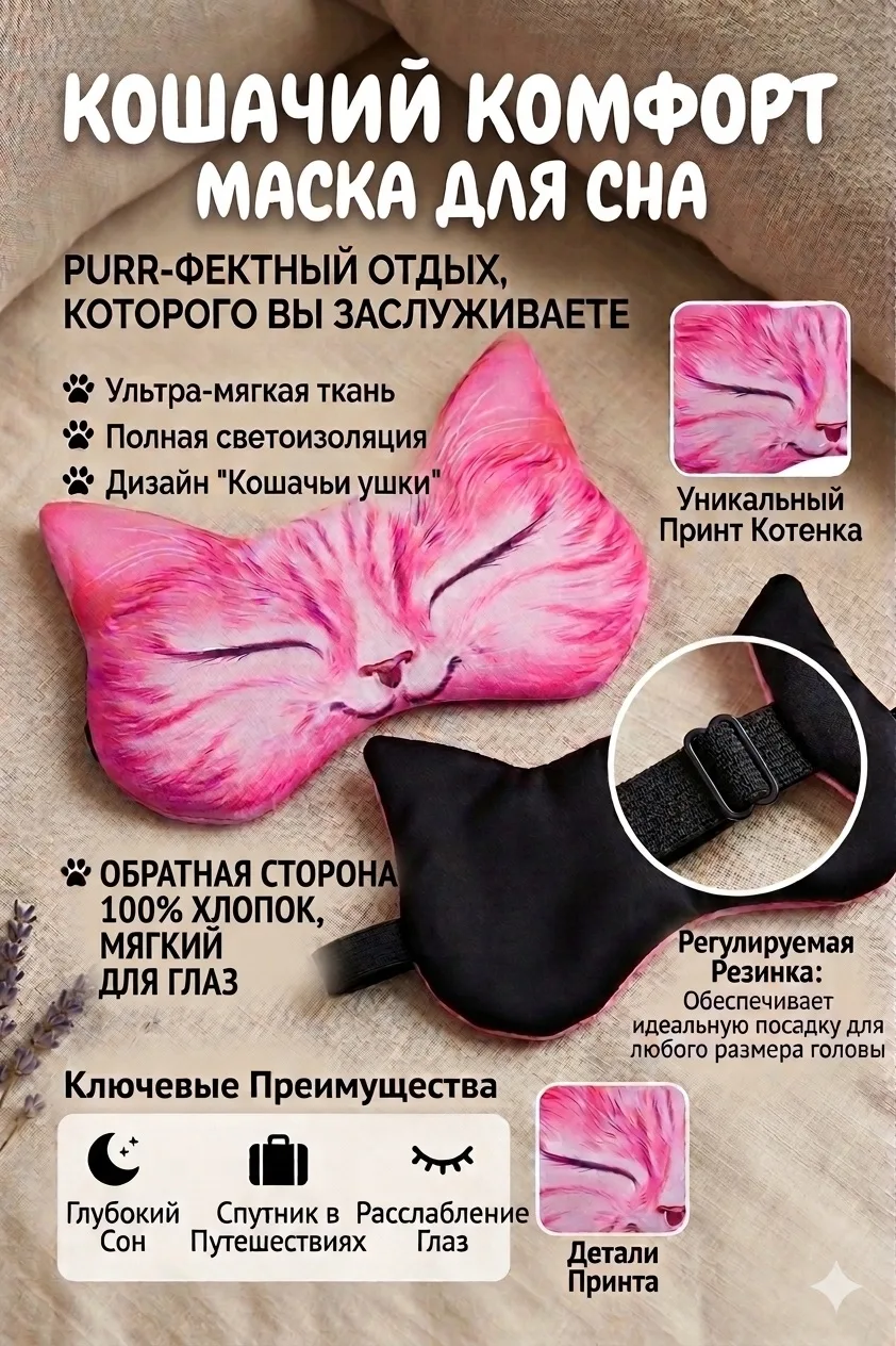 Маска для сна Китти розовая. Идеальный аксессуар. Очень приятно читать отзывы наших пос...