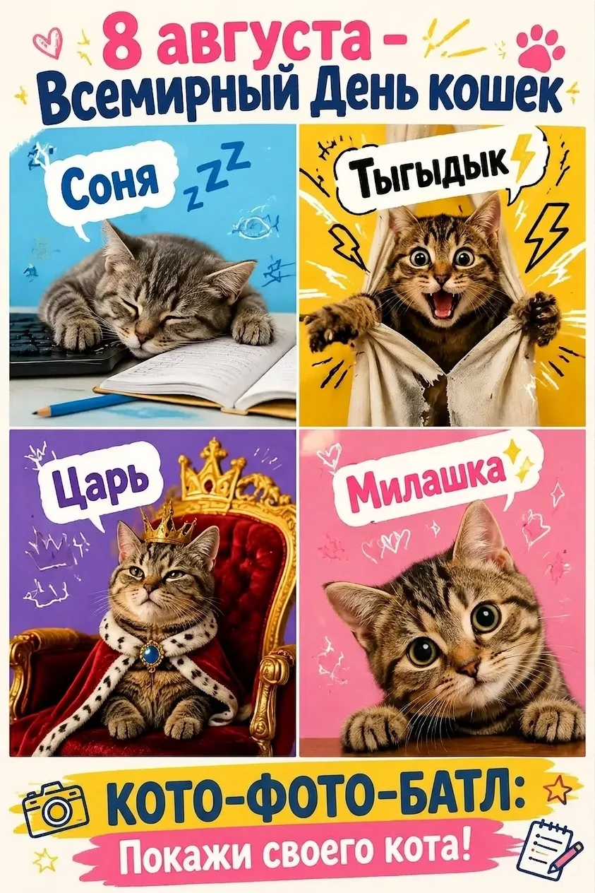 🐾 🐱КОТОФОТОБАТЛ 
«МОЙ ХВОСТАТЫЙ» 

8 августа — Всемирный день кошек, и мы не можем пройти мимо!

П