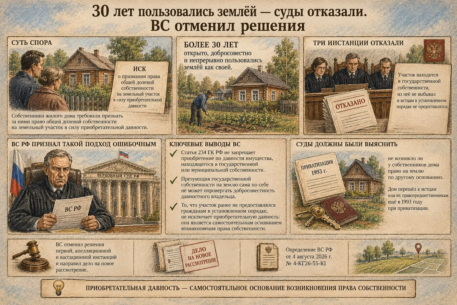 🏠 30 лет пользовались землёй — суды отказали. ВС отменил решения