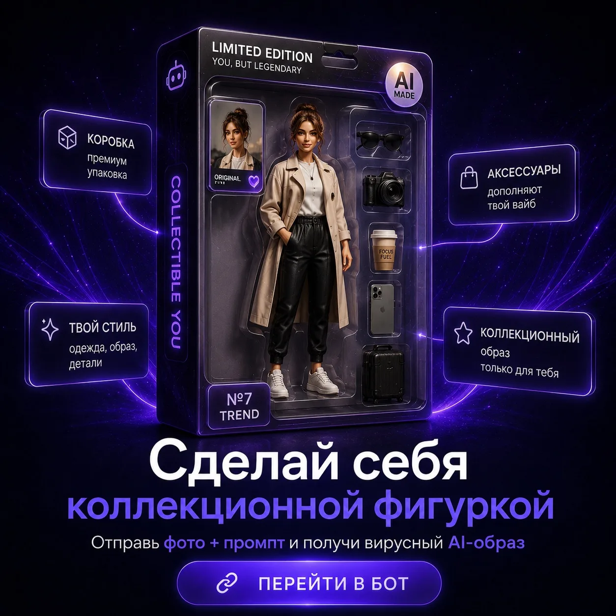 🎁 Сделай себя коллекционной фигуркой

✨ Просто отправь своё фото + промпт — и получи трендовый обра