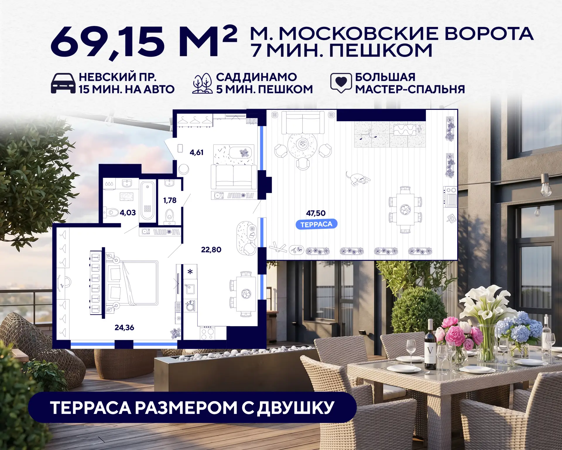 Евродвушка 69 м² у «Московских ворот» для одного или пары, с видом на панораму города и большой терр